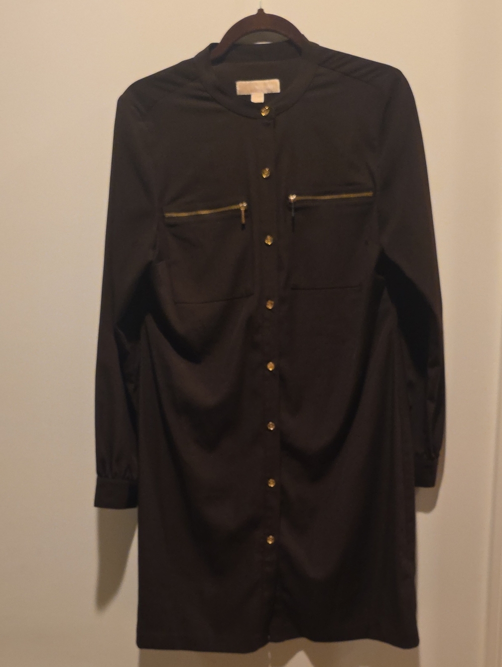 Michael Kors Black Long Sleeve Shirt Dress with Gold Zipper Accents